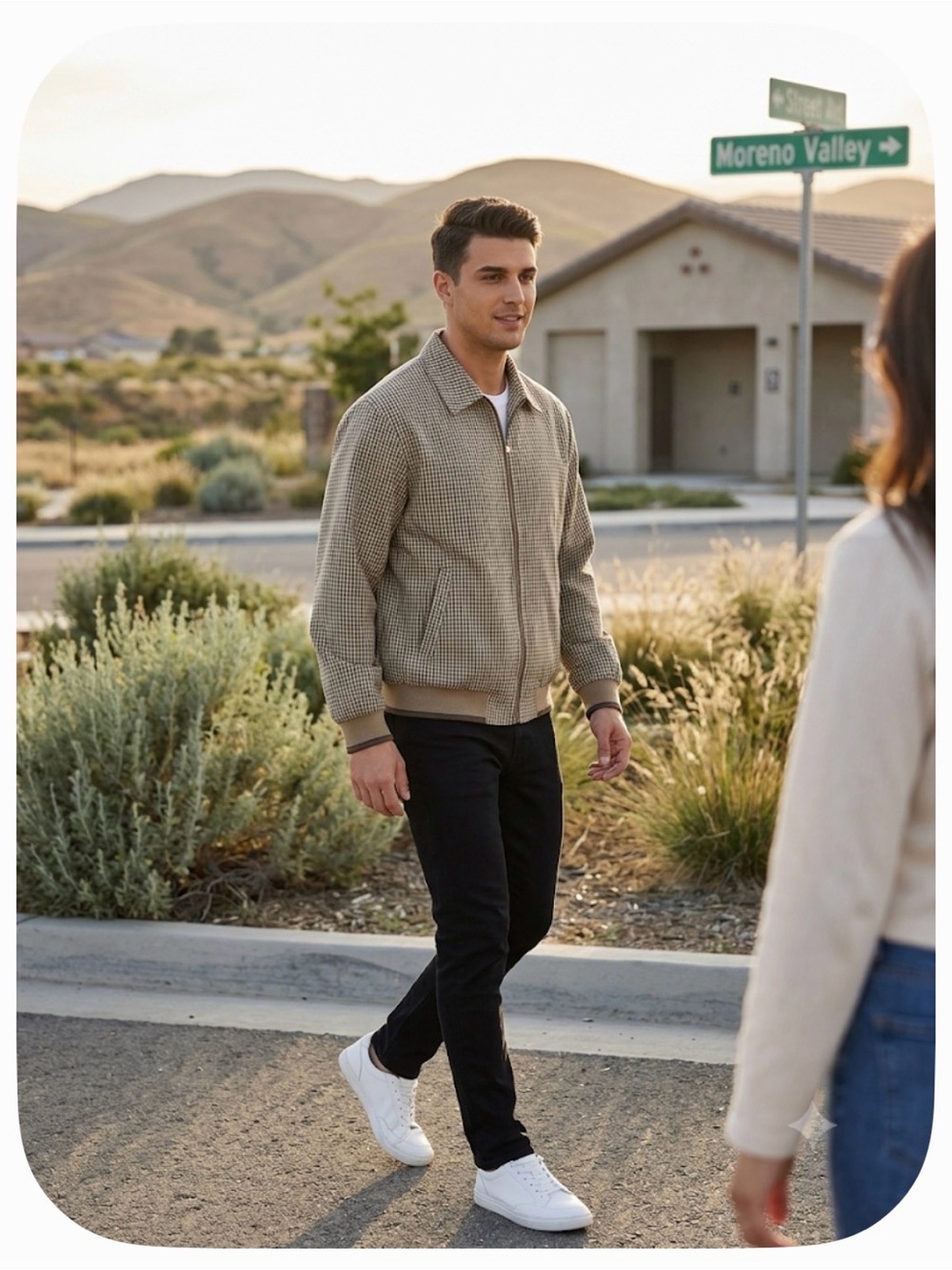 Houndstooth Zip-Front Harrington Jacket in Tan/Beige